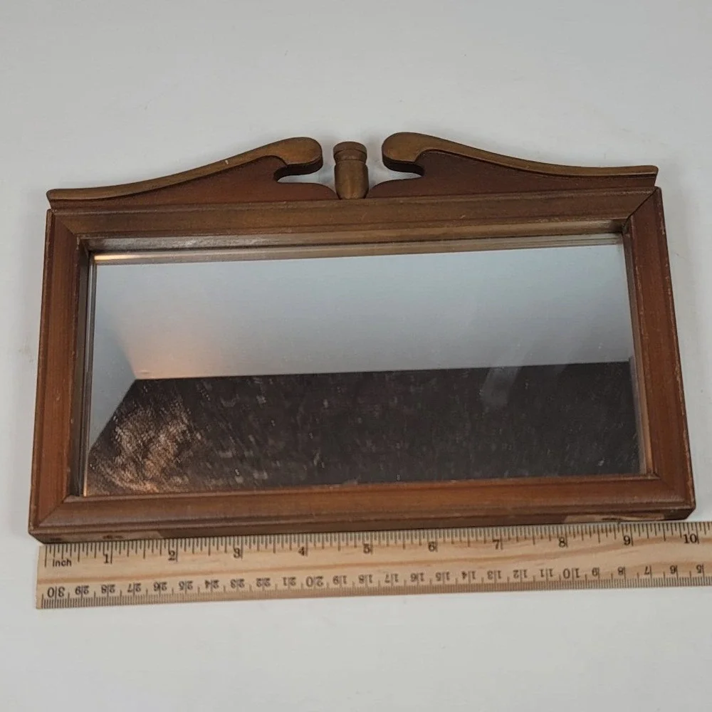 Vintage Wood Wall Mirror Japan Federal Style Scroll Pediment Small Brown 9.5in